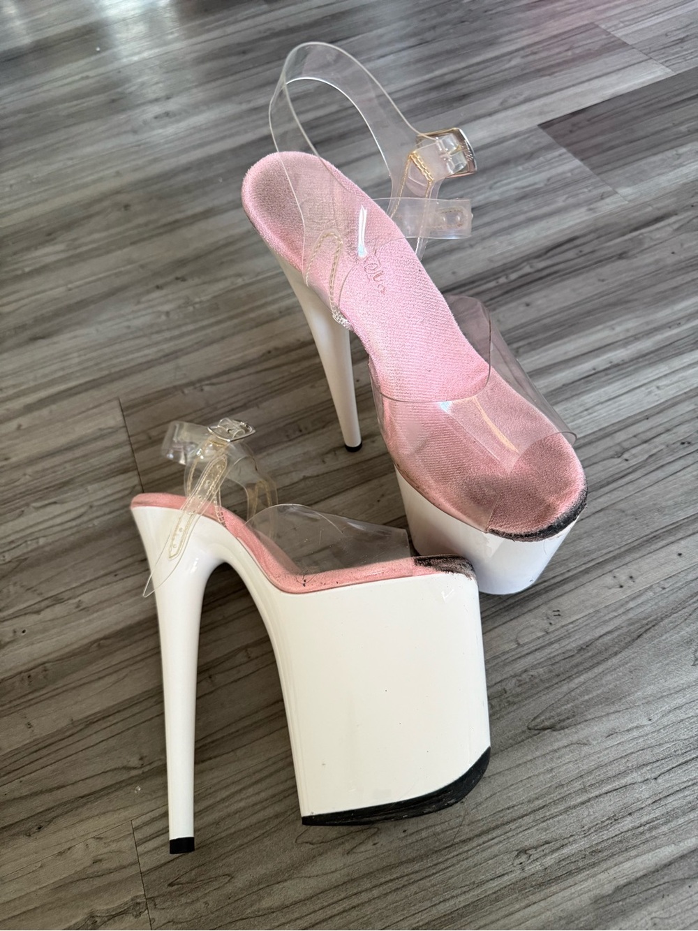 Pleaser White Platform Heels with Pink Insole and Clear Straps